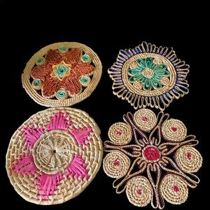 Vintage Rattan Raffia Trivets Woven Wicker Straw Hot Pads Boho MCM Lot Of 4